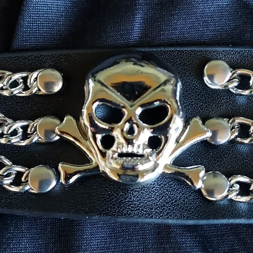 Black Leather Silver Skull Cross Bones Chain Wristband